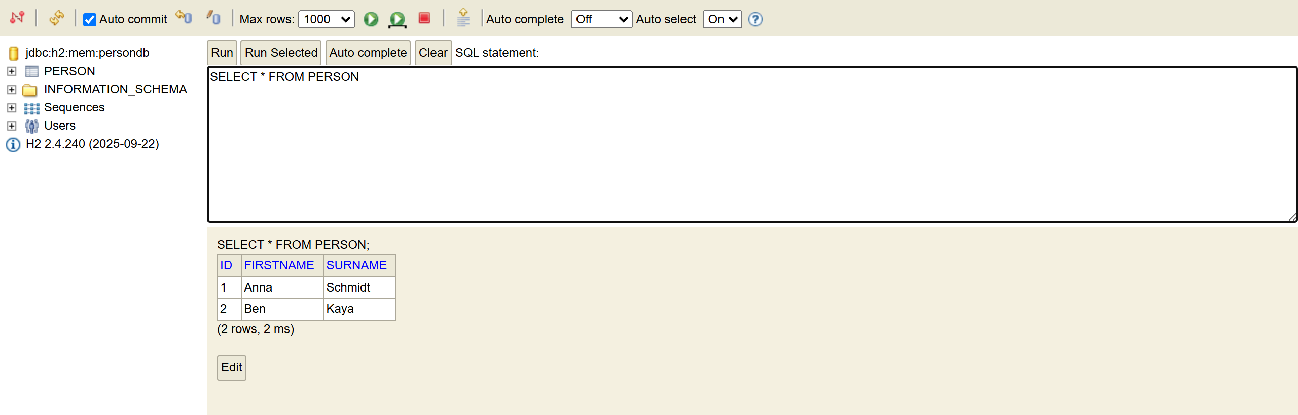 Ergebnis der SQL-Abfrage in der H2-Console